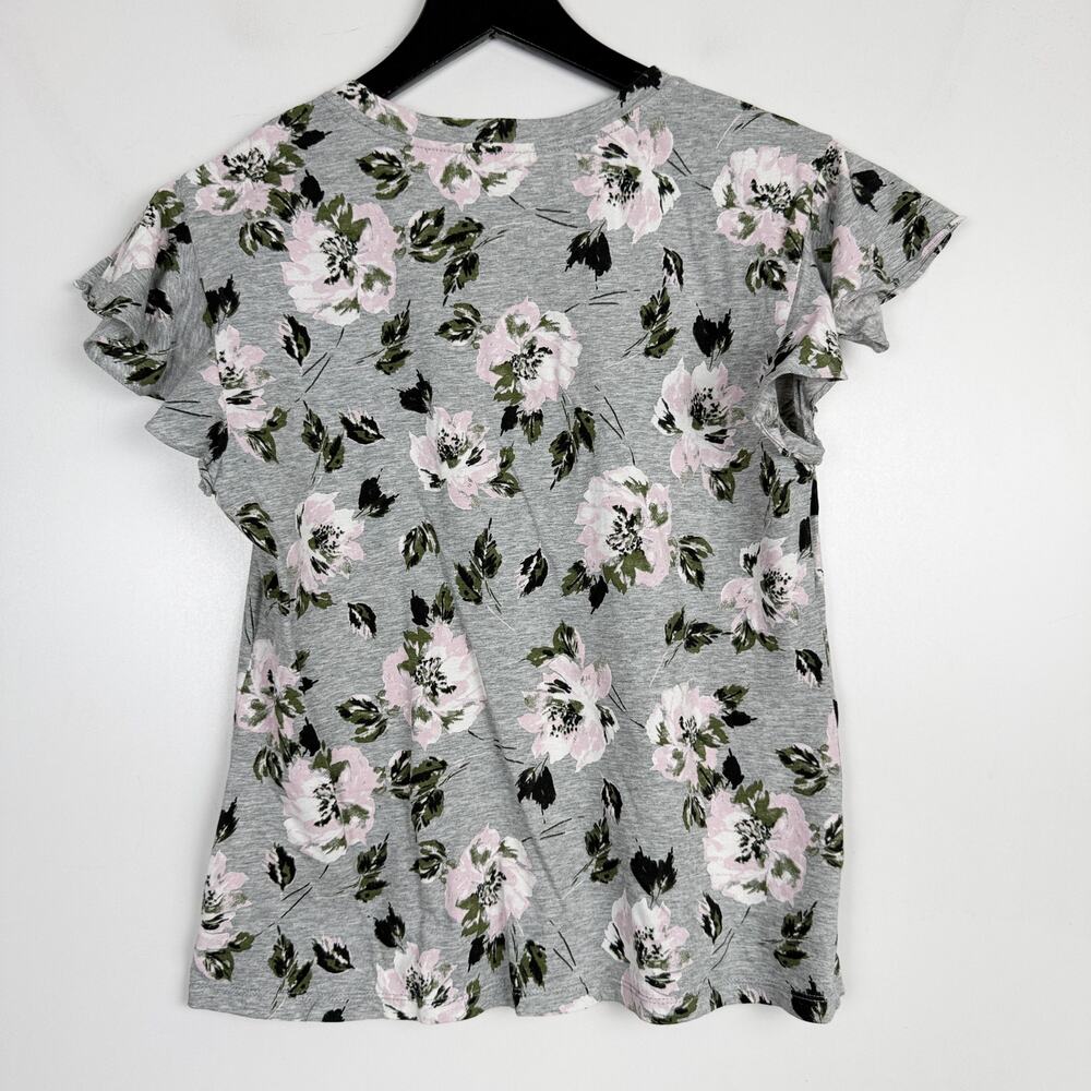 Rebecca Taylor Floral Flutter Sleeve Tee Shirt Gray Pink - S - Picture 5 of 8